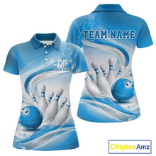 Load image into Gallery viewer, Front and back mockup of a womens white and blue polo shirt featuring abstract wave lines and a glossy bowling ball striking pins.
