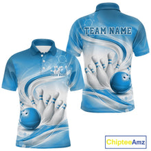 Load image into Gallery viewer, Mens white and blue bowling polo shirt mockup shown from front and back with flowing linework and a glossy bowling ball design