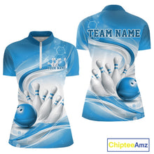 Load image into Gallery viewer, Front and back mockup of a womens white and blue bowling quarter-zip pullover featuring abstract wave lines and a glossy bowling ball striking pins.