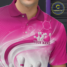 Load image into Gallery viewer, Close-up of the left chest on a white and pink bowling polo shirt showing abstract wave lines with a glossy bowling ball striking pins.