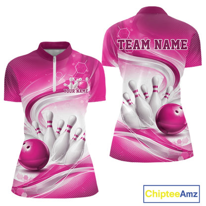 Front and back view of a white and pink womens bowling quarter-zip shirt featuring flowing abstract wave patterns and a glossy bowling ball striking a set of pins