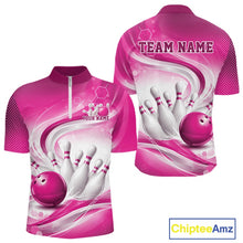 Load image into Gallery viewer, Front and back mockup of a mens white and pink bowling quarter-zip pullover featuring abstract wave lines and a glossy bowling ball striking pins.