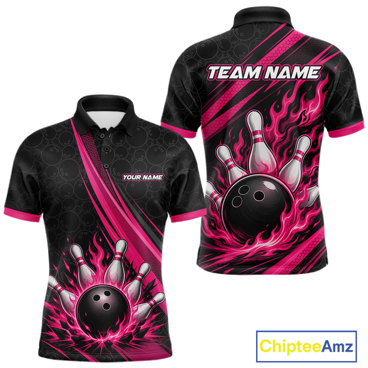 Custom Black And Pink Fire Flame Bowling Team Men Polo Shirt, Team Jerseys IPHW11681