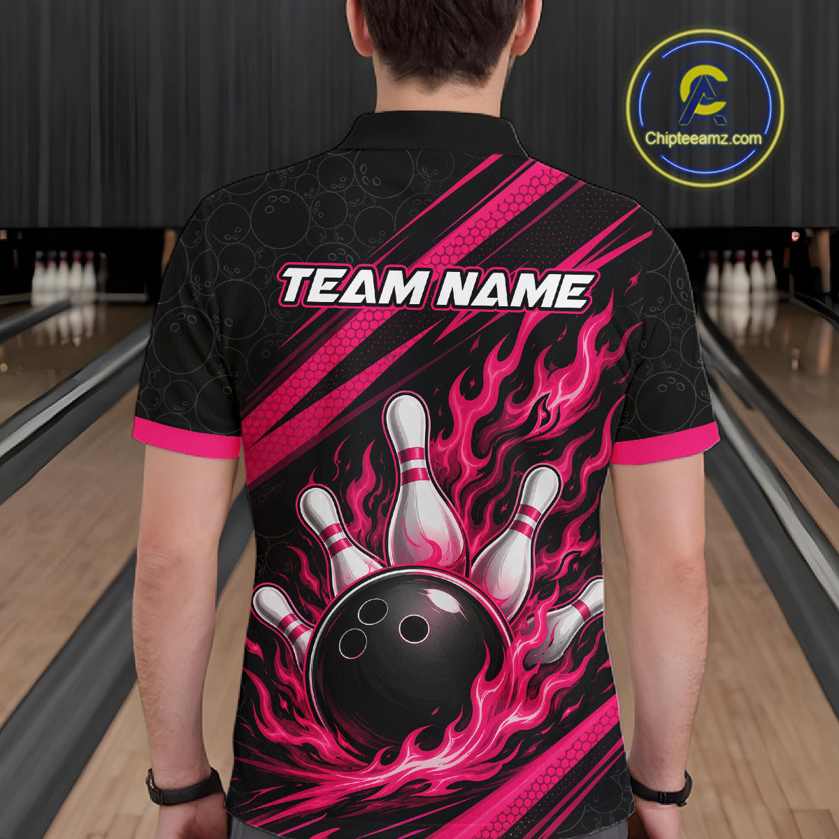 Custom Black And Pink Fire Flame Bowling Team Men Polo Shirt, Team Jerseys IPHW11681