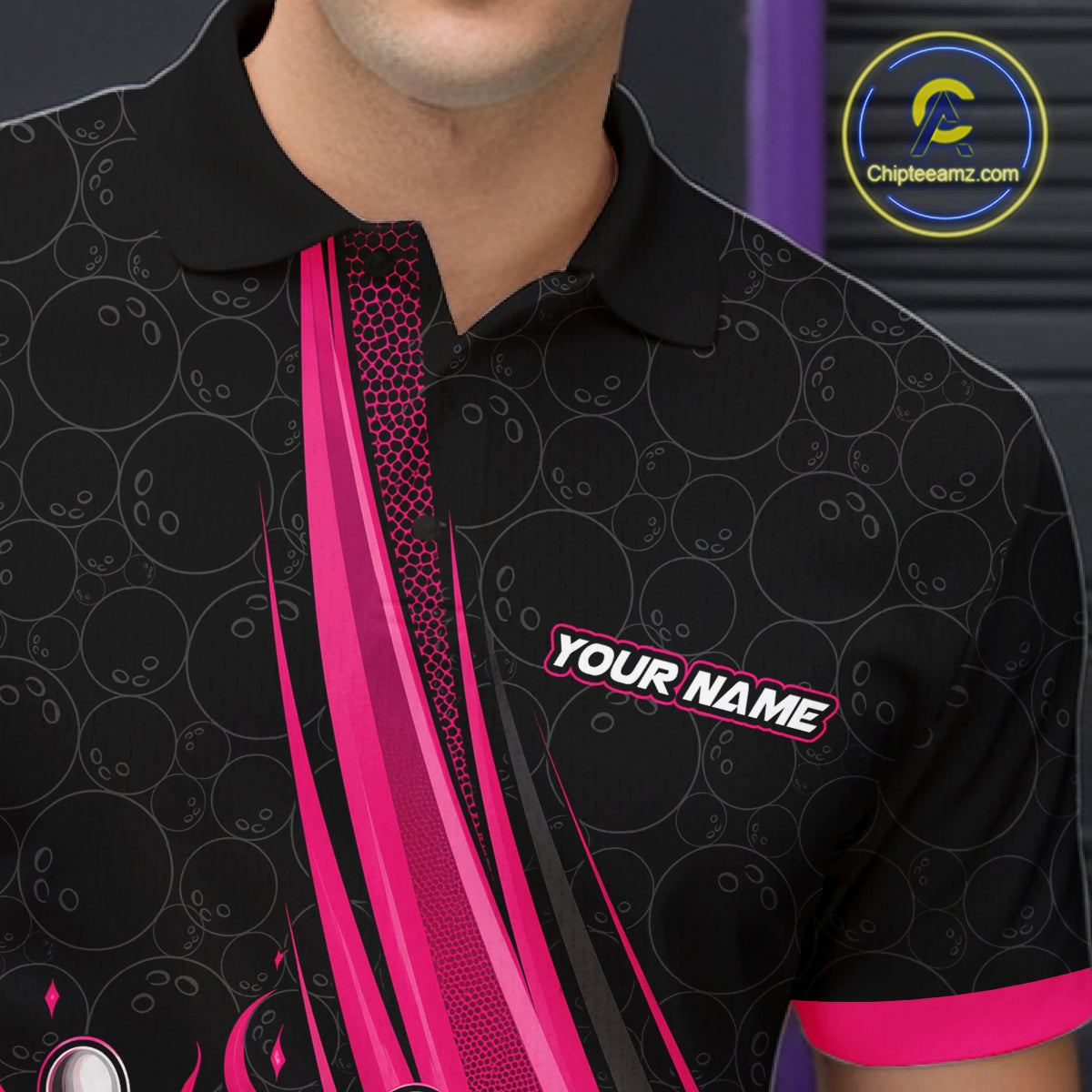 Custom Black And Pink Fire Flame Bowling Team Men Polo Shirt, Team Jerseys IPHW11681