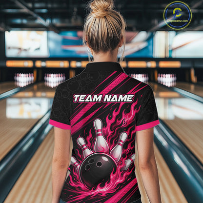 Custom Black And Pink Fire Flame Bowling Team Women Polo Shirt, Team Jerseys IPHW11681
