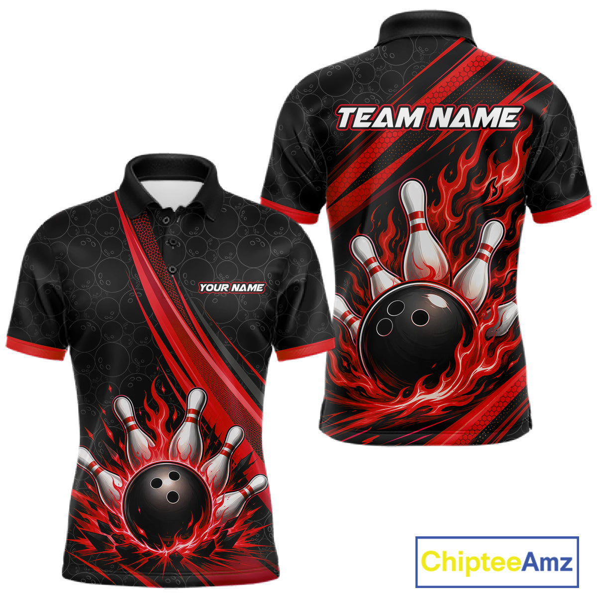 Custom Black And Red Fire Flame Bowling Team Men Polo Shirt, Team Jerseys IPHW11682