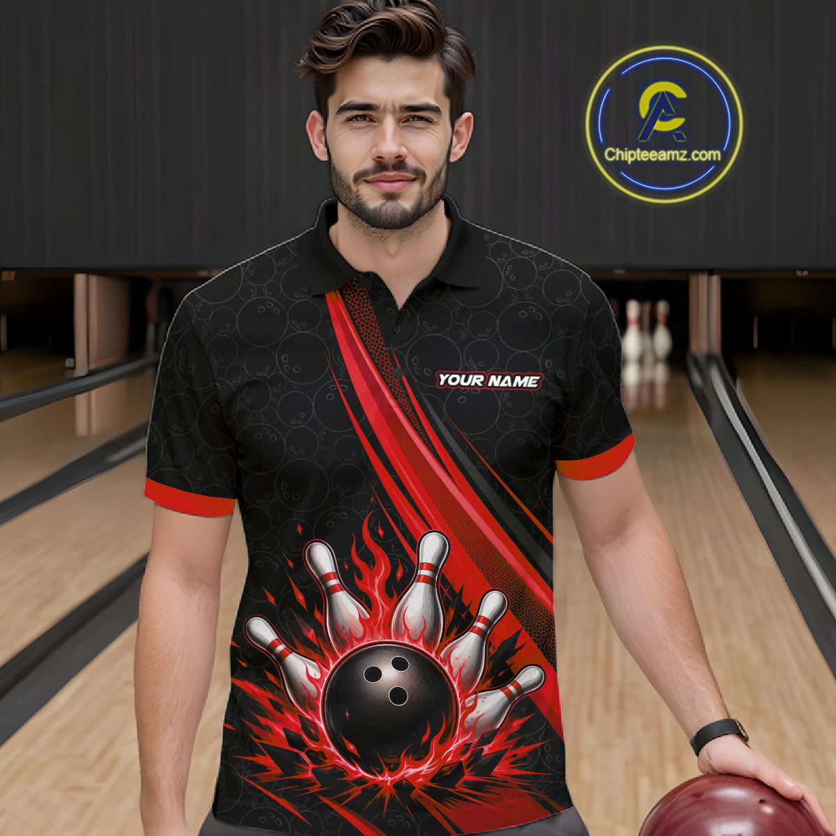 Custom Black And Red Fire Flame Bowling Team Men Polo Shirt, Team Jerseys IPHW11682