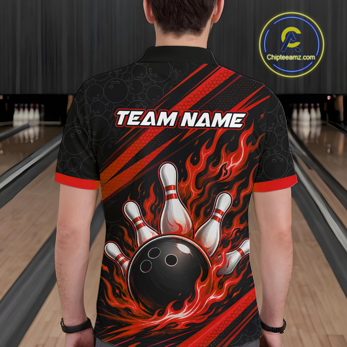 Custom Black And Red Fire Flame Bowling Team Men Polo Shirt, Team Jerseys IPHW11682