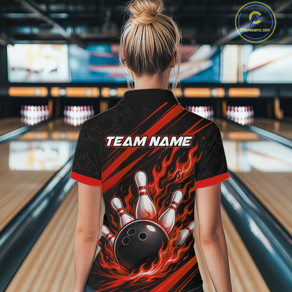 Custom Black And Red Fire Flame Bowling Team Women Polo Shirt, Team Jerseys IPHW11682