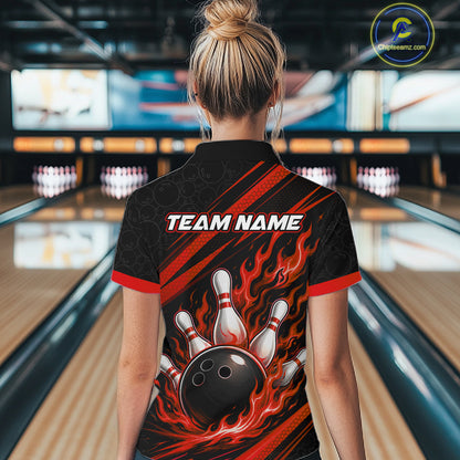 Custom Black And Red Fire Flame Bowling Team Women Polo Shirt, Team Jerseys IPHW11682