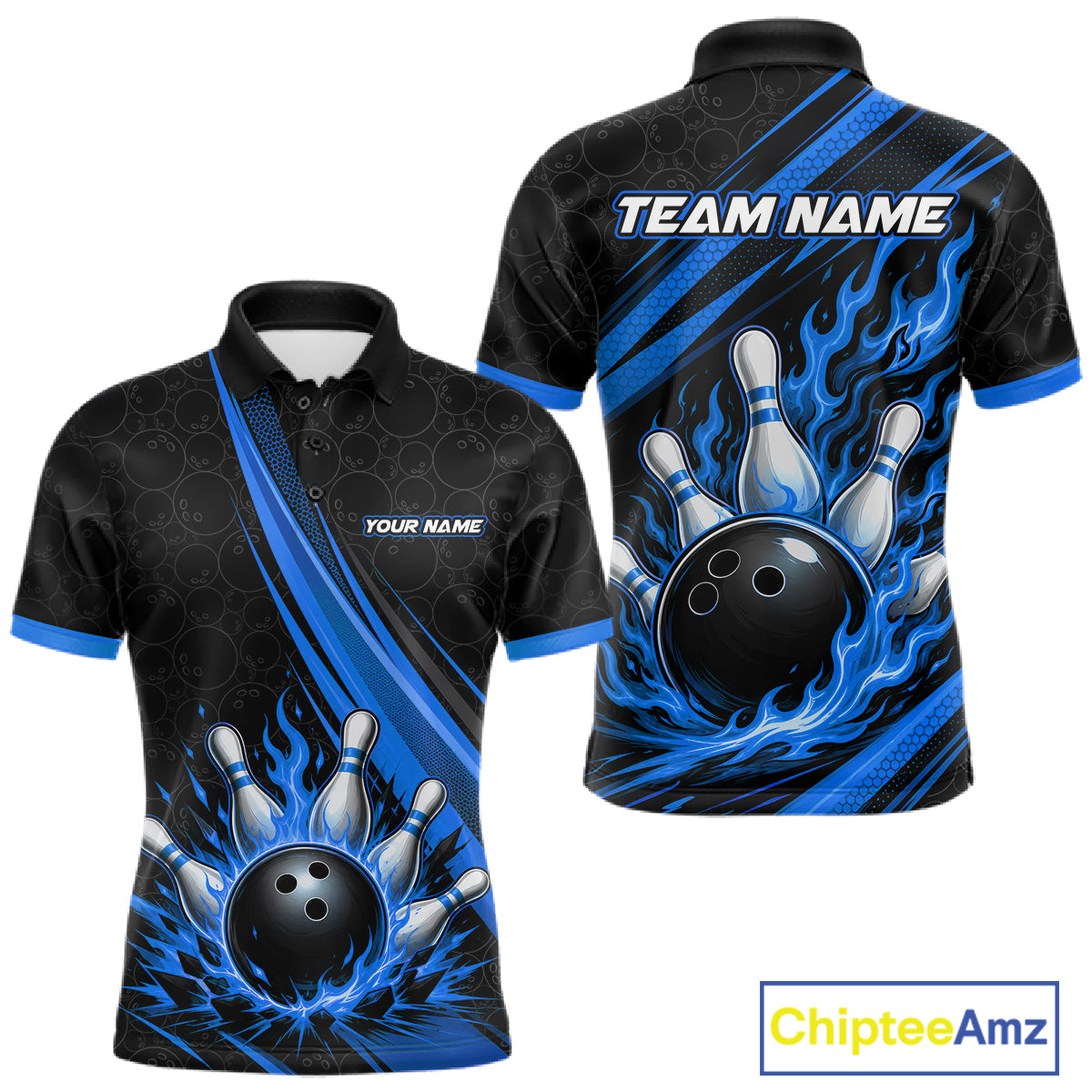 Custom Black And Blue Fire Flame Bowling Team Men Polo Shirt, Team Jerseys IPHW11683