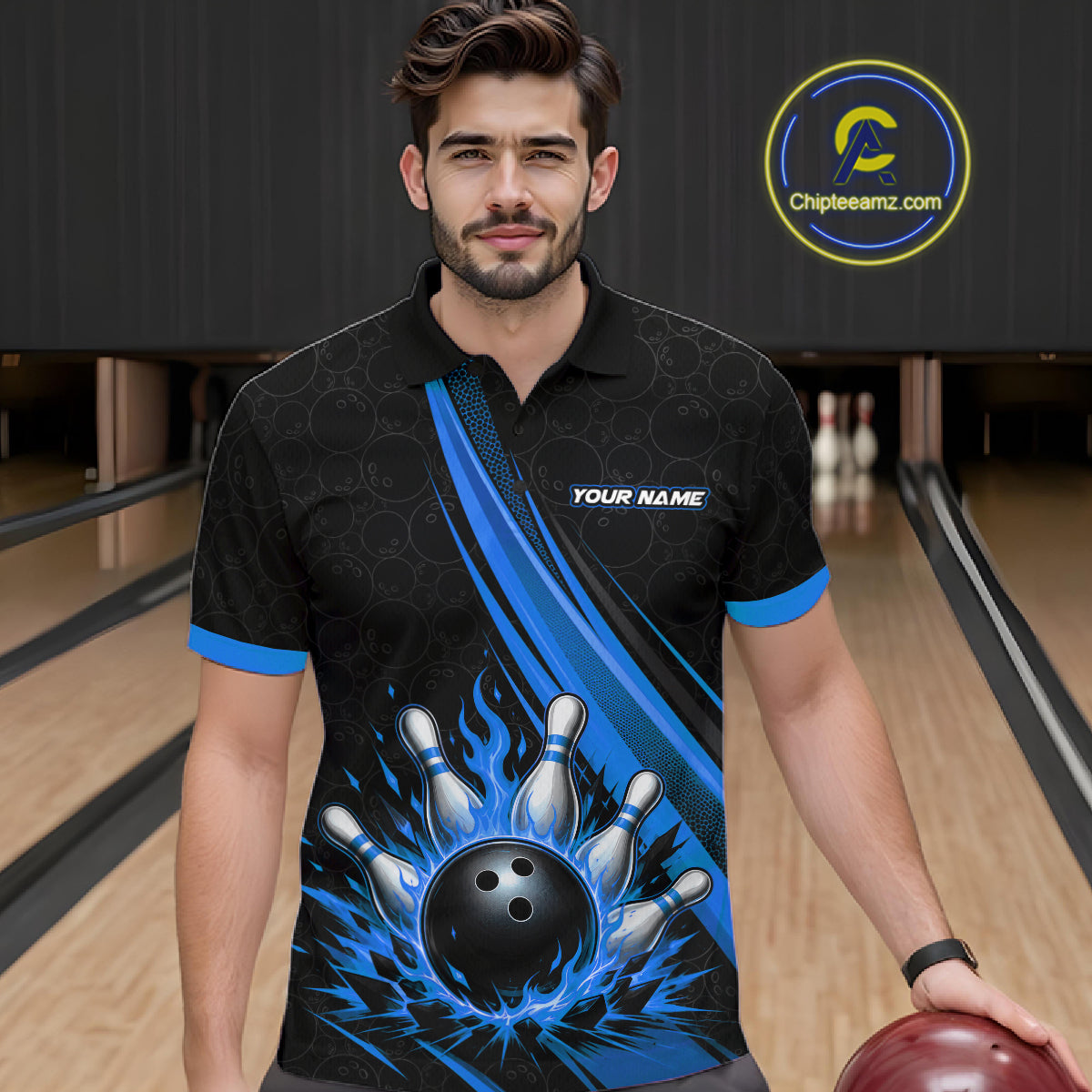 Custom Black And Blue Fire Flame Bowling Team Men Polo Shirt, Team Jerseys IPHW11683