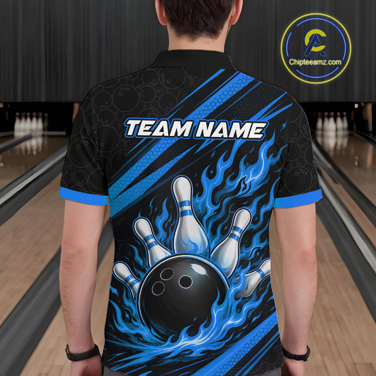 Custom Black And Blue Fire Flame Bowling Team Men Polo Shirt, Team Jerseys IPHW11683