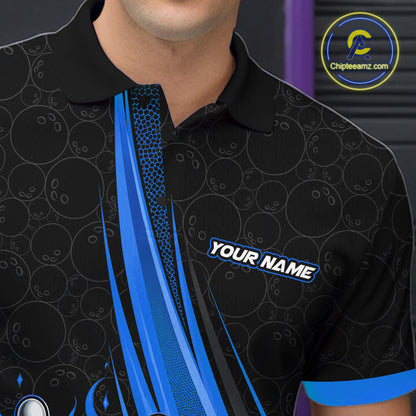Custom Black And Blue Fire Flame Bowling Team Men Polo Shirt, Team Jerseys IPHW11683