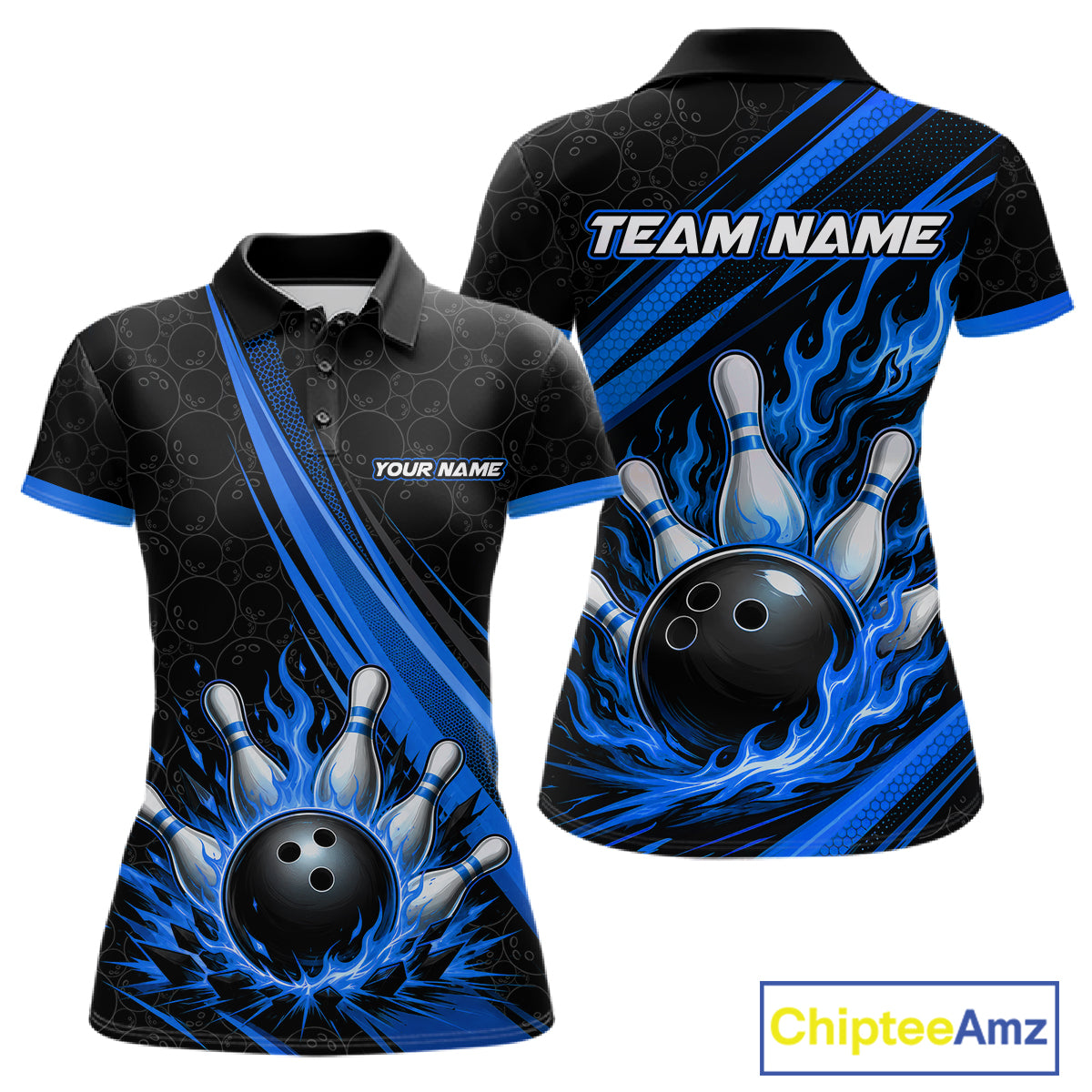 Custom Black And Blue Fire Flame Bowling Team Women Polo Shirt, Team Jerseys IPHW11683