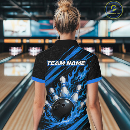 Custom Black And Blue Fire Flame Bowling Team Women Polo Shirt, Team Jerseys IPHW11683