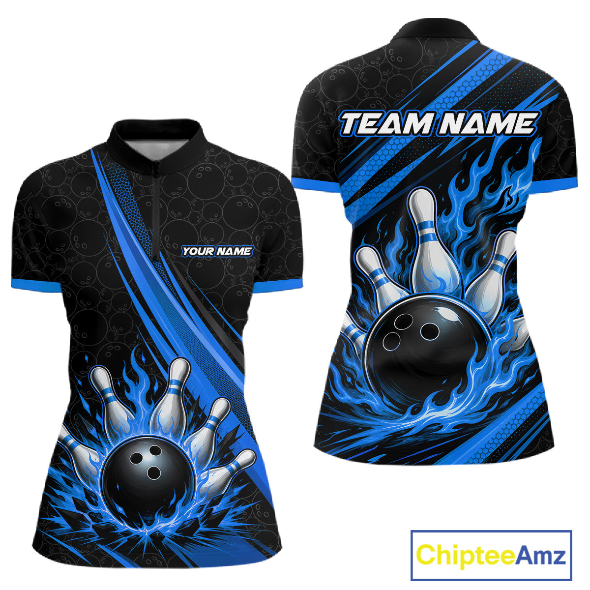 Custom Black And Blue Fire Flame Bowling Team Women Quarter-Zip Shirt, Team Jerseys IPHW11683