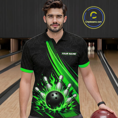 Custom Black And Green Fire Flame Bowling Team Men Polo Shirt, Team Jerseys IPHW11684
