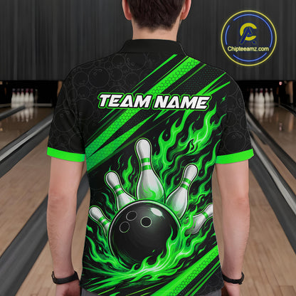 Custom Black And Green Fire Flame Bowling Team Men Polo Shirt, Team Jerseys IPHW11684