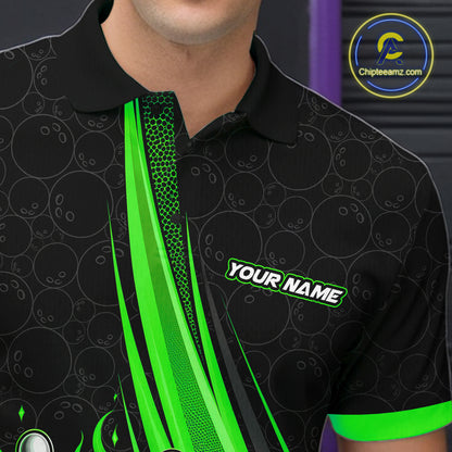 Custom Black And Green Fire Flame Bowling Team Men Polo Shirt, Team Jerseys IPHW11684