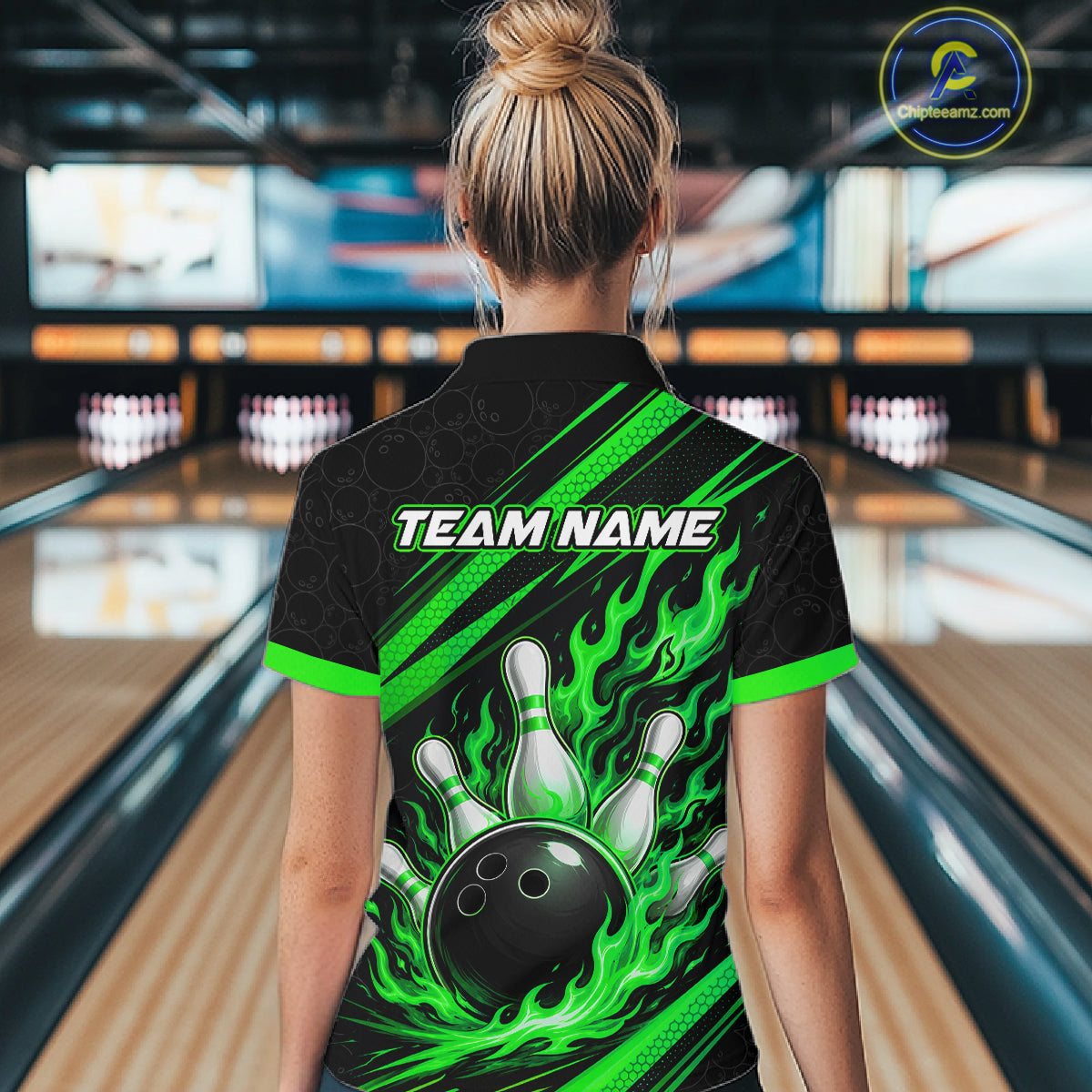 Custom Black And Green Fire Flame Bowling Team Women Polo Shirt, Team Jerseys IPHW11684