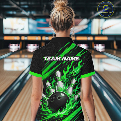 Custom Black And Green Fire Flame Bowling Team Women Polo Shirt, Team Jerseys IPHW11684