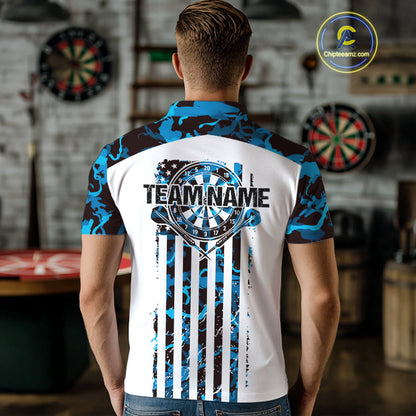 Custom Blue Military Camo Patriotic Dart Men Polo Shirts, US Flag Dart Team Shirt IPHW9954