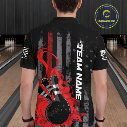 Custom Grunge Vintage Red Thin Line US Flag Patriotic Men Polo Bowling Team Shirts IPHW10169