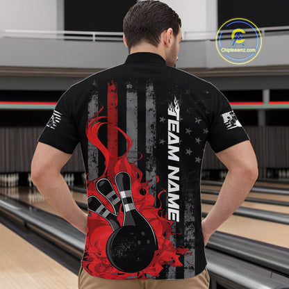 Custom Grunge Vintage Red Thin Line US Flag Patriotic Men Quarter-Zip Bowling Team Shirts IPHW10169