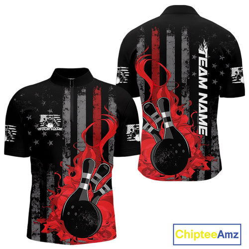 Custom Grunge Vintage Red Thin Line US Flag Patriotic Men Quarter-Zip Bowling Team Shirts IPHW10169