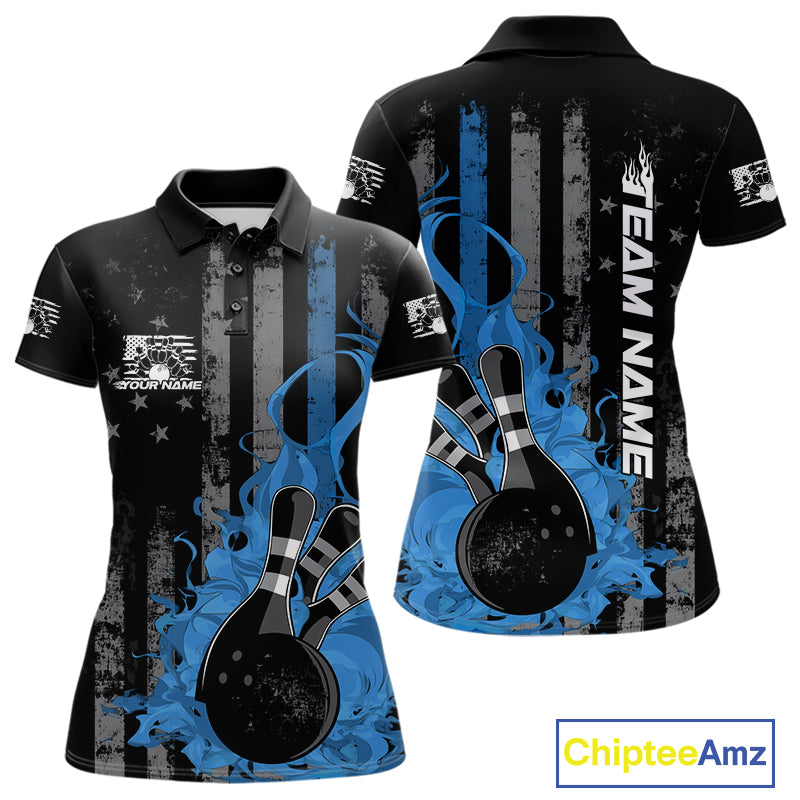 Custom Grunge Vintage Blue Thin Line US Flag Patriotic Women Polo Bowling Team Shirts IPHW10170