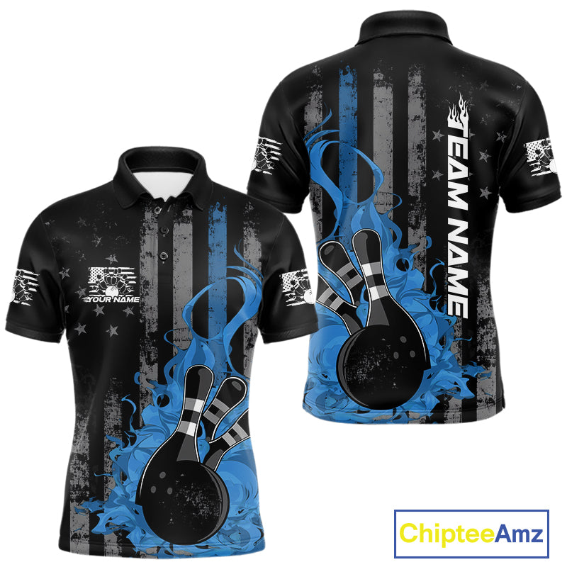 Custom Grunge Vintage Blue Thin Line US Flag Patriotic Men Polo Bowling Team Shirts IPHW10170