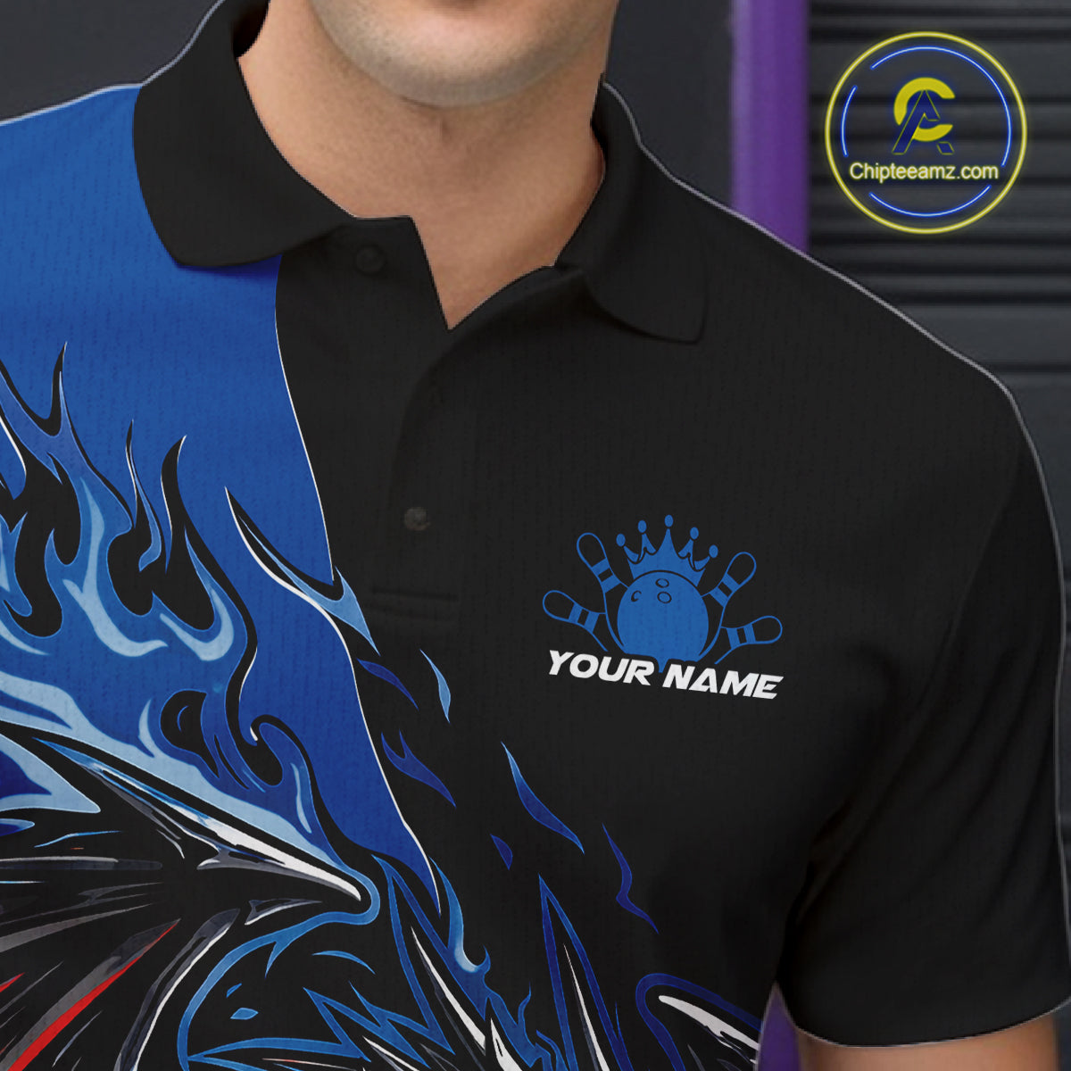 Custom Blue And Red Dragon Bowling Men Polo Team Shirt, Dragon Bowling League Shirts IPHW10368