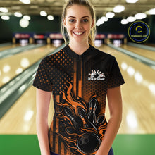Load image into Gallery viewer, Custom Orange Patrotic Flame Bowling Women Quarter-Zip Shirt, US Flag Bowling Jersey IPHW11156