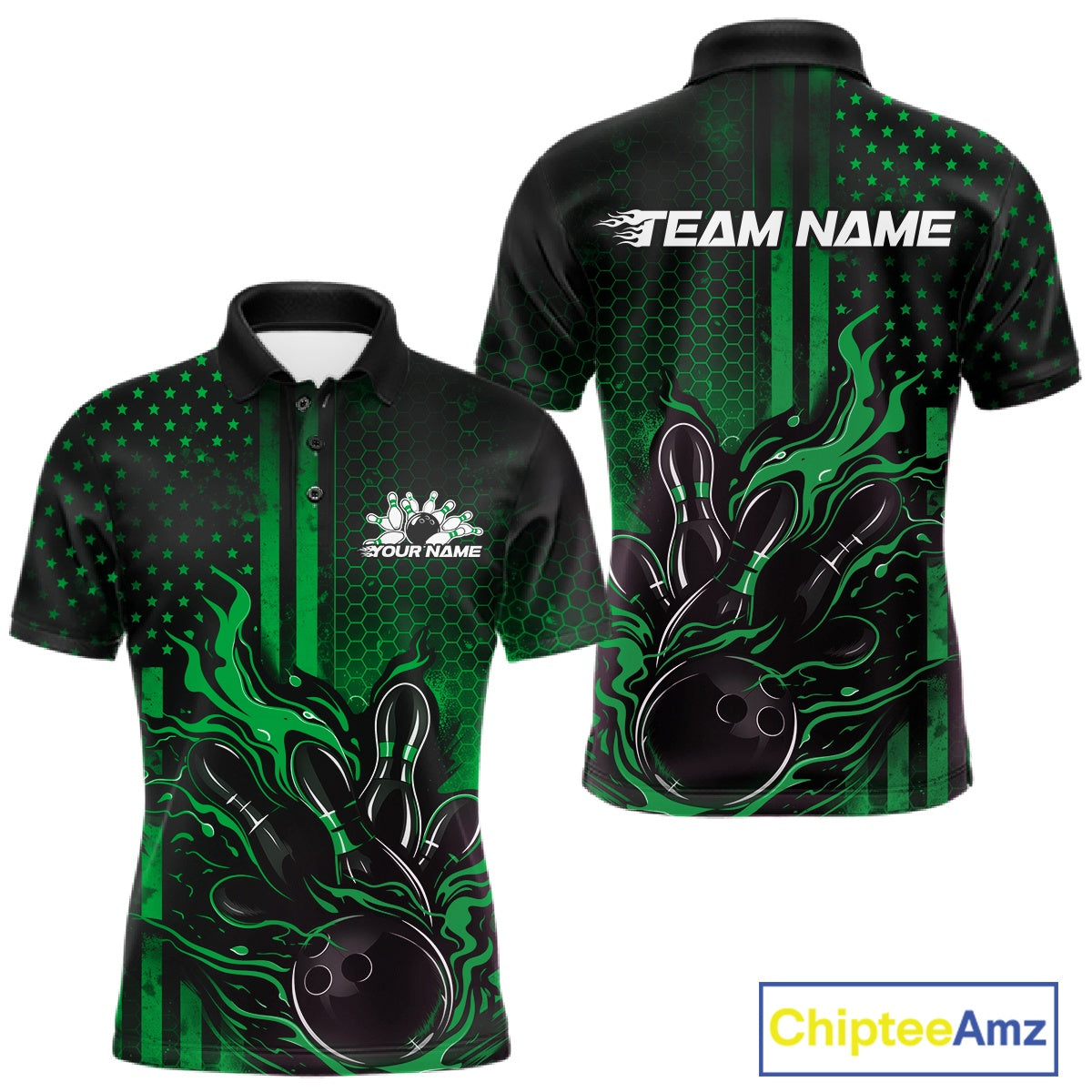 Front and back view of a black and green men’s bowling polo shirt featuring a flaming bowling ball striking pins with patriotic American flag bowling style.
