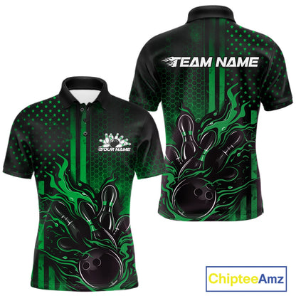 Front and back view of a black and green men’s bowling polo shirt featuring a flaming bowling ball striking pins with patriotic American flag bowling style.