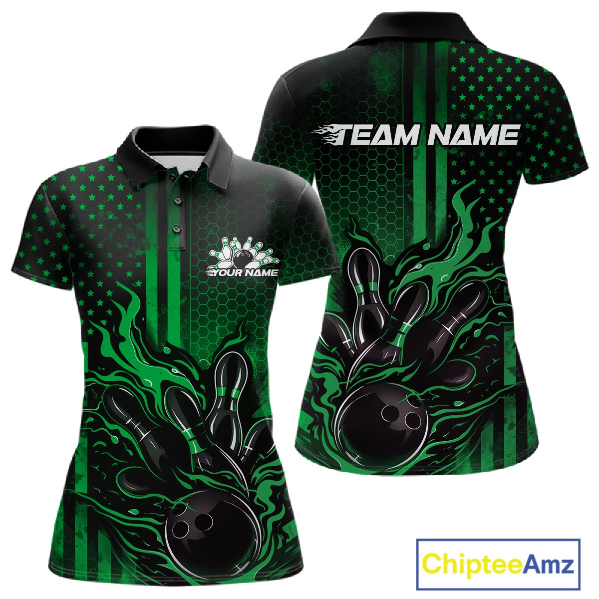Front and back display of a black and green womens bowling polo shirt featuring a flaming bowling ball knocking down pins with patriotic bowling artwork.