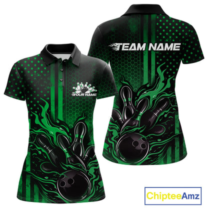 Front and back display of a black and green womens bowling polo shirt featuring a flaming bowling ball knocking down pins with patriotic bowling artwork.
