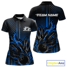 Load image into Gallery viewer, Custom Blue Patrotic Flame Bowling Women Polo Shirt, US Flag Bowling Jersey IPHW11158