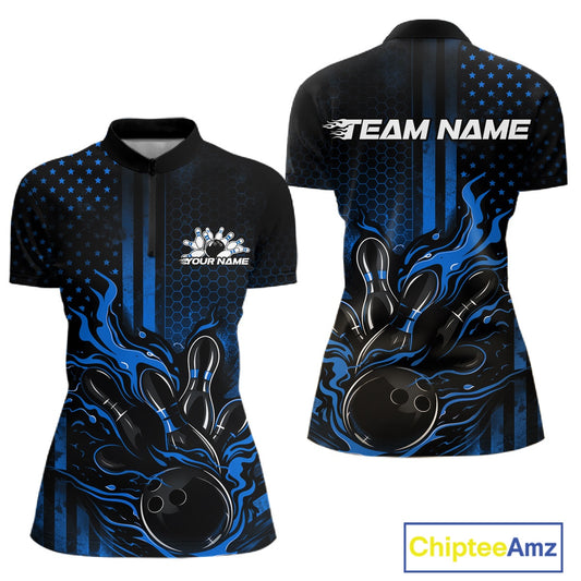 Front and back display of a black and blue women’s bowling quarter-zip shirt featuring a flaming bowling ball striking pins with patriotic American flag accents.