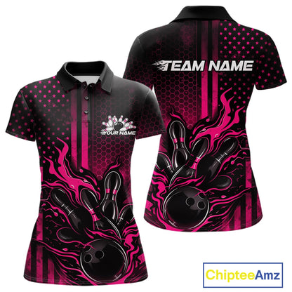 Front and back mockup of a black and pink womens bowling polo shirt featuring a flaming bowling ball striking pins with patriotic American flag bowling style graphics.