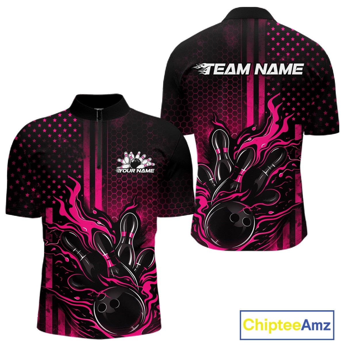 Front and back display of a black and pink mens bowling quarter-zip shirt featuring a flaming bowling ball striking pins with patriotic American flag bowling artwork.
