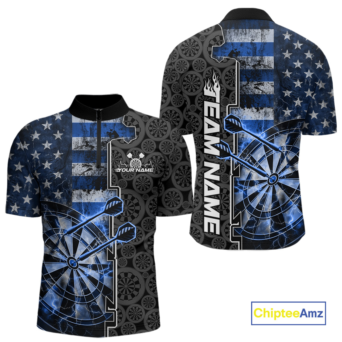 Custom Blue Lightning US Flag Dartboard Patriotic Dart Team Men Quarter-Zip Shirt Dart Jerseys IPHW10388