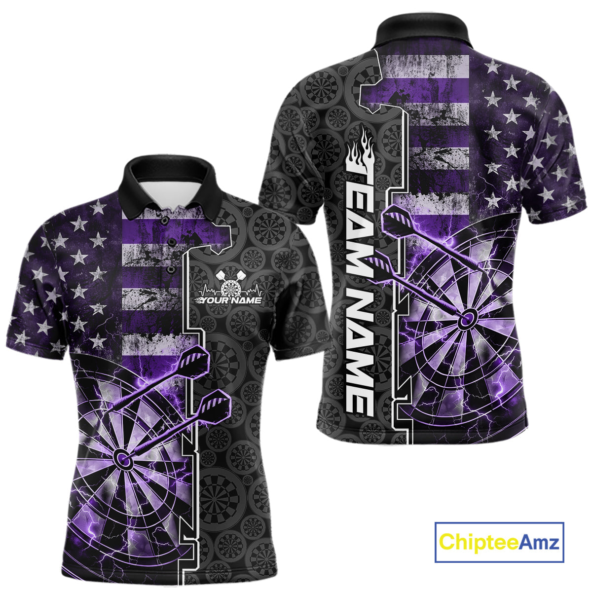 Custom Purple Lightning US Flag Dartboard Patriotic Dart Team Men Polo Shirt Dart Jerseys IPHW10390