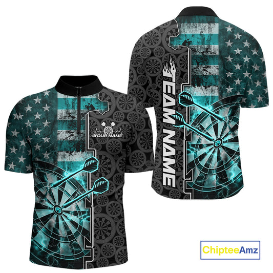 Custom Turquoise Blue Lightning US Flag Dartboard Patriotic Dart Team Men Quarter-Zip Shirt IPHW10391