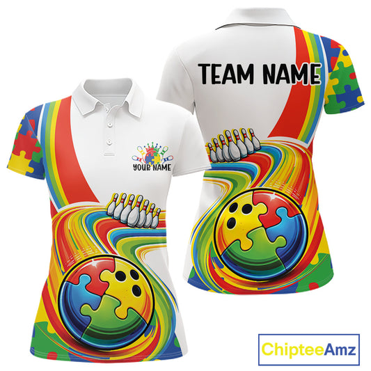 Women’s polo shirt mockup front and back displaying autism bowling lane themed artwork with vibrant puzzle-inspired accents