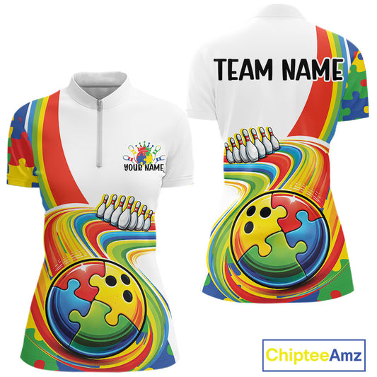 Front and back view of a women’s quarter-zip bowling shirt mockup featuring colorful autism-themed bowling lane illustration with puzzle motifs.