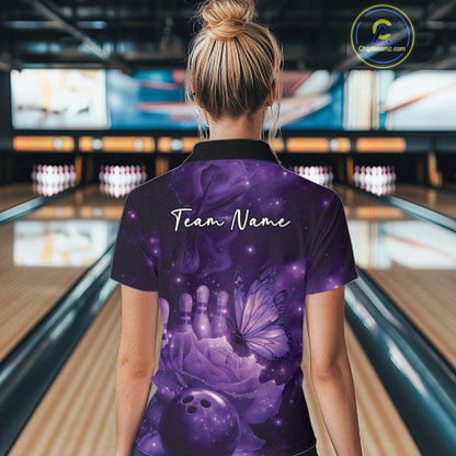 Custom Purple Butterfly And Roses Bowling Women Quarter-Zip Shirts, Ladies Bowling Team IPHW10877