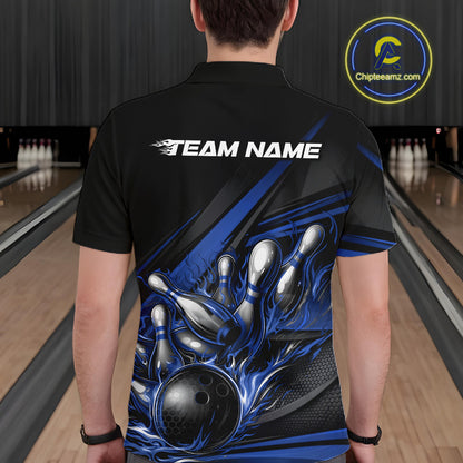 Male model at a bowling lane, back view of black polo shirt showcasing blue flame bowling ball and pins with abstract geometric accents